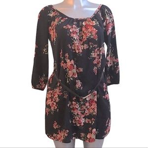 Floral Mini Dress Navy Blue Pink with Belt Cottagecore Lightweight Boat Neck
